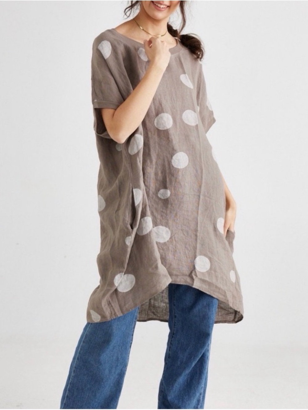Relaxed Taupe Polka Dot Short-Sleeve Tunic Top - Women